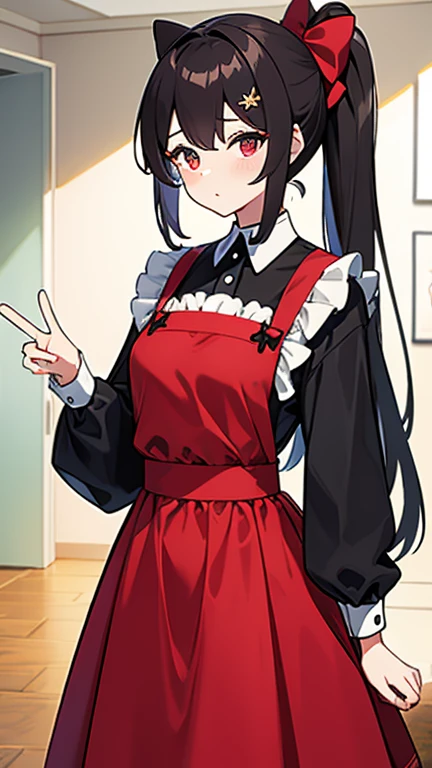 adulto, Cabello negro ondulado, mirada penetrante con ojos profundos de color rojo, estatura promedio, Silky hair with a ponytail hairstyle collected with a red bow with two white lines, tiene pechos grandes, primer plano, session, standing in the middle of his room [[[[Maid]]] , Sonrojada, muslos grandes, maid