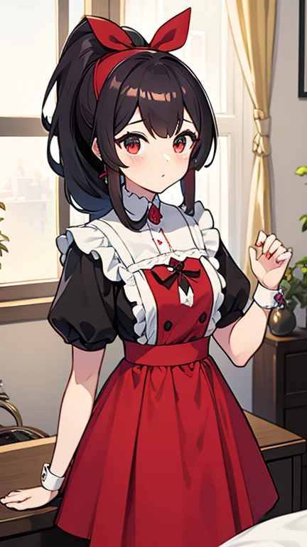 adulto, Cabello negro ondulado, mirada penetrante con ojos profundos de color rojo, estatura promedio, Silky hair with a ponytail hairstyle collected with a red bow with two white lines, tiene pechos grandes, primer plano, session, standing in the middle of his room [[[[Maid]]] , Sonrojada, muslos grandes, maid