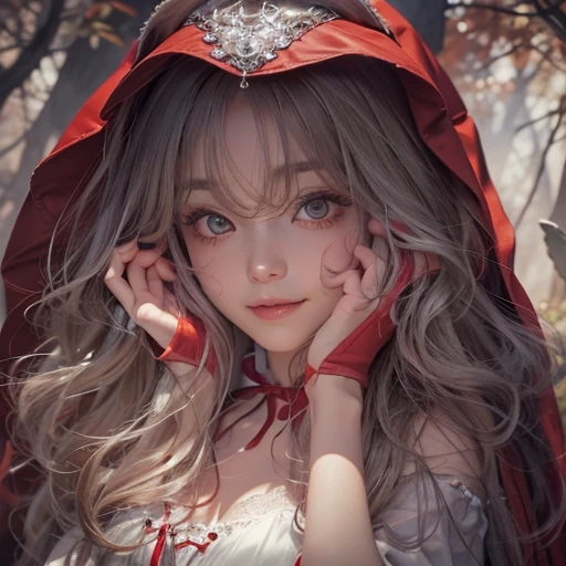 Standing in the forest、Hair flow、 ((highest quality、masterpiece、8k、Best image quality、Ultra-high resolution、Award-winning works)、(Accurate anatomy:1.1)、(Look at me and smile:1.1)、Shining fair skin with Ultra-high resolution、The most detailed face、Ultra-high resolution detailed face、Ultra-high resolutionの髪の毛、(Ultra-high resolution eye:1.1)、Beautiful face drawn in every detail、little red riding hood Costume , Chest to chest, Strange atmosphere, A real werewolf stares at her.., Dark Light, in the forest , Overall composition using a wide-angle lenovie-like scene