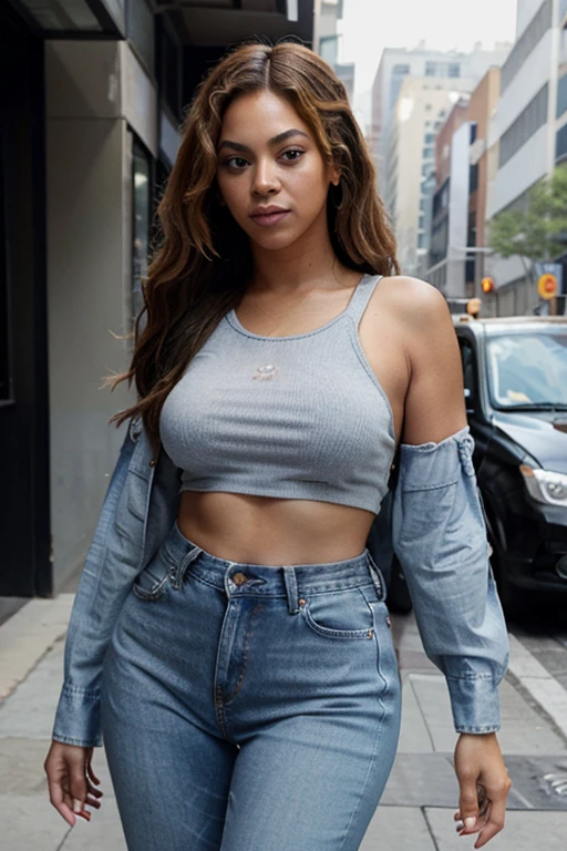 Beyonce dressed in a top and jeans