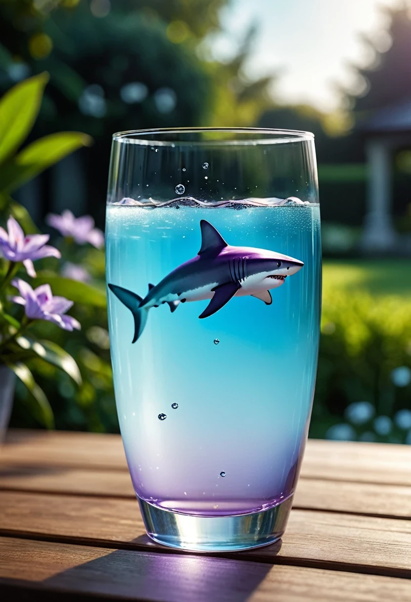 Capture a stylish scene featuring a translucent/transparent pastel-blue/purple gradient glass of water with a little photorealistic shark in it. The glass, filled with fresh, cold, sparkling water, should be the focal point, with bubbles lightly rising within. Place it on a table outdoors in a garden. The background should be blurred to emphasize the clarity and elegance of the glass.
very detailed, hd, RAW photograph, masterpiece, top quality, best quality, official art,highest detailed, atmospheric lighting, cinematic composition, complex multiple subjects, 4k HDR, vibrant, highly detailed, Leica Q2 with Summilux 35mm f/1.2 ASPH, Ultra High Resolution, wallpaper, 8K, Rich texture details, hyper detailed, detailed eyes, detailed background, epic composition, high quality , (8k, RAW photo, highest quality), hyperrealistic,