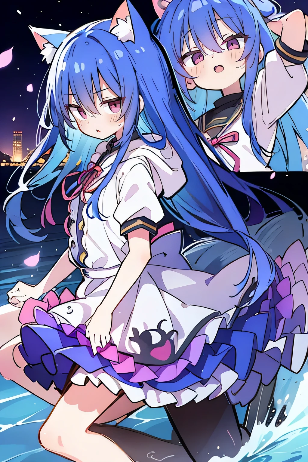 (masterpiece:1.2),Super detailed,lifelike,Expressive eyes,fair skin,perfect face shape,1 girl,
Japanese comics,Gorgeous blue hair,flowing blue hair,flowing clothes,Cat ears,Petals fall,beautiful lola,Baby Angel,
Shaking head with one hand,Cross your legs,Gentle and peaceful background,The pavilion is cool and comfortable,smile, wearing hoodie, background of tokyo,back views,snowing, winter,lie on the water.