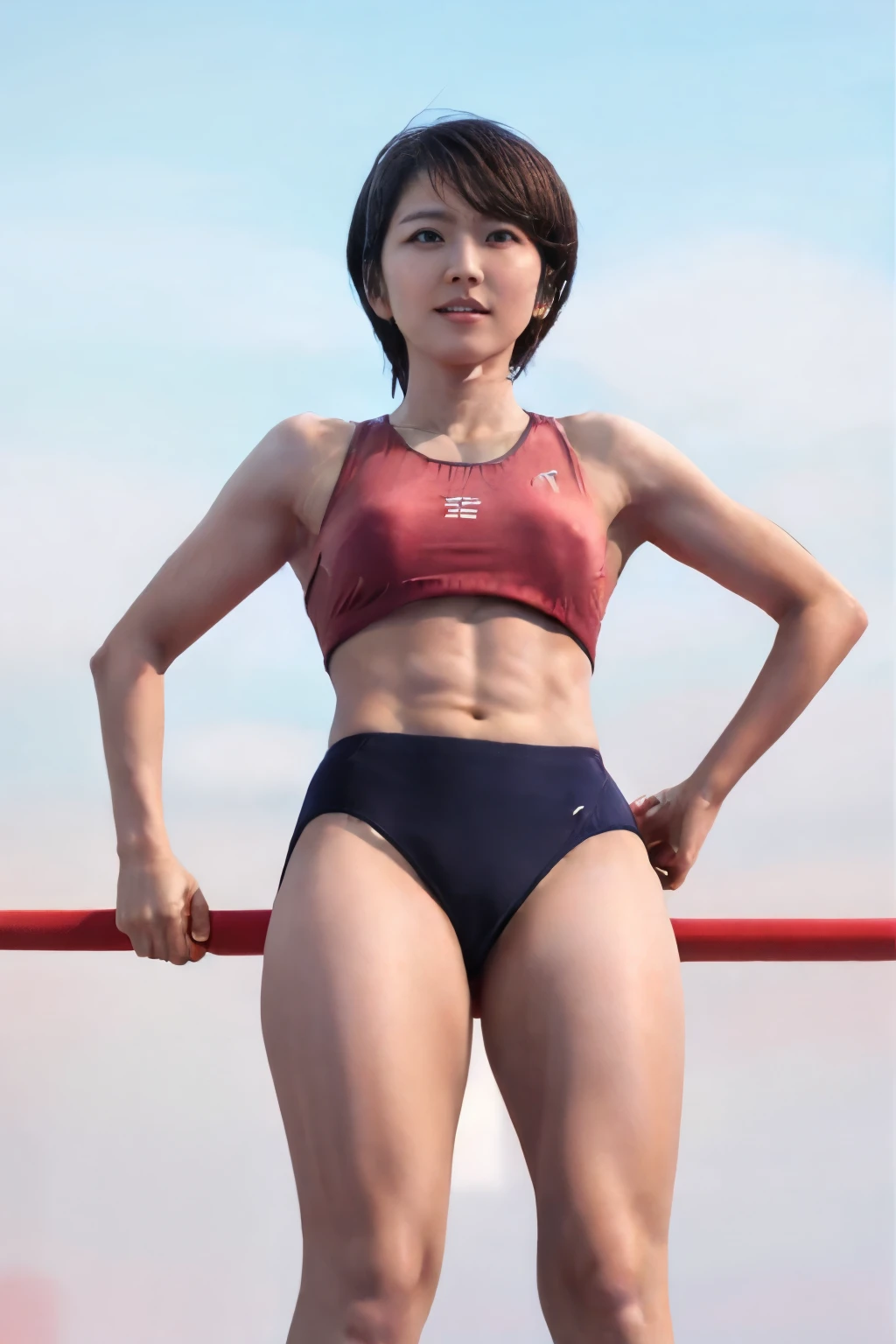 pole vault,open thighs,Wide-open legs,shoot from below,orange high leg buruma,abs,coverd nipples,camel_toue,