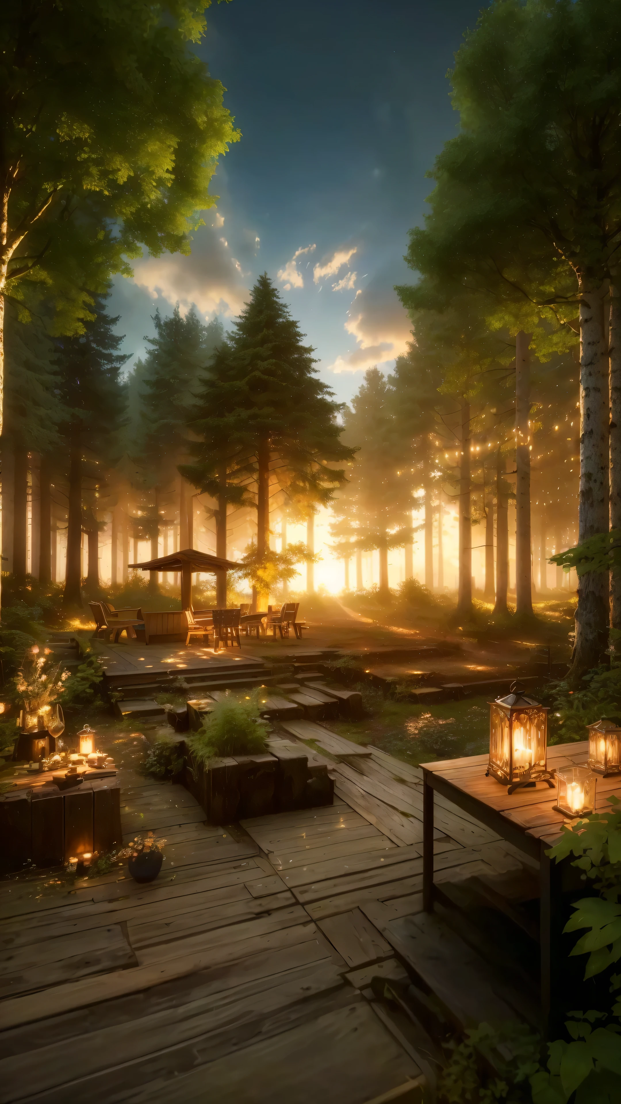 Es gibt ein Holzdeck mit einem Tisch und Kerzen darauf, Entspannende Konzeptkunst, entspannende Umgebung, filmische Waldbeleuchtung, rendered in unwirkliche Engine 4k hq, rendered in unwirkliche Engine 4 k hq, unwirkliche Engine render concept art, unwirkliche Engine 4k wallpaper, sehr detaillierte Umgebung, unwirkliche Engine ; romantisches Thema, peaceful lush forest, sehr detaillierte Szene, Relaxing atmosphere