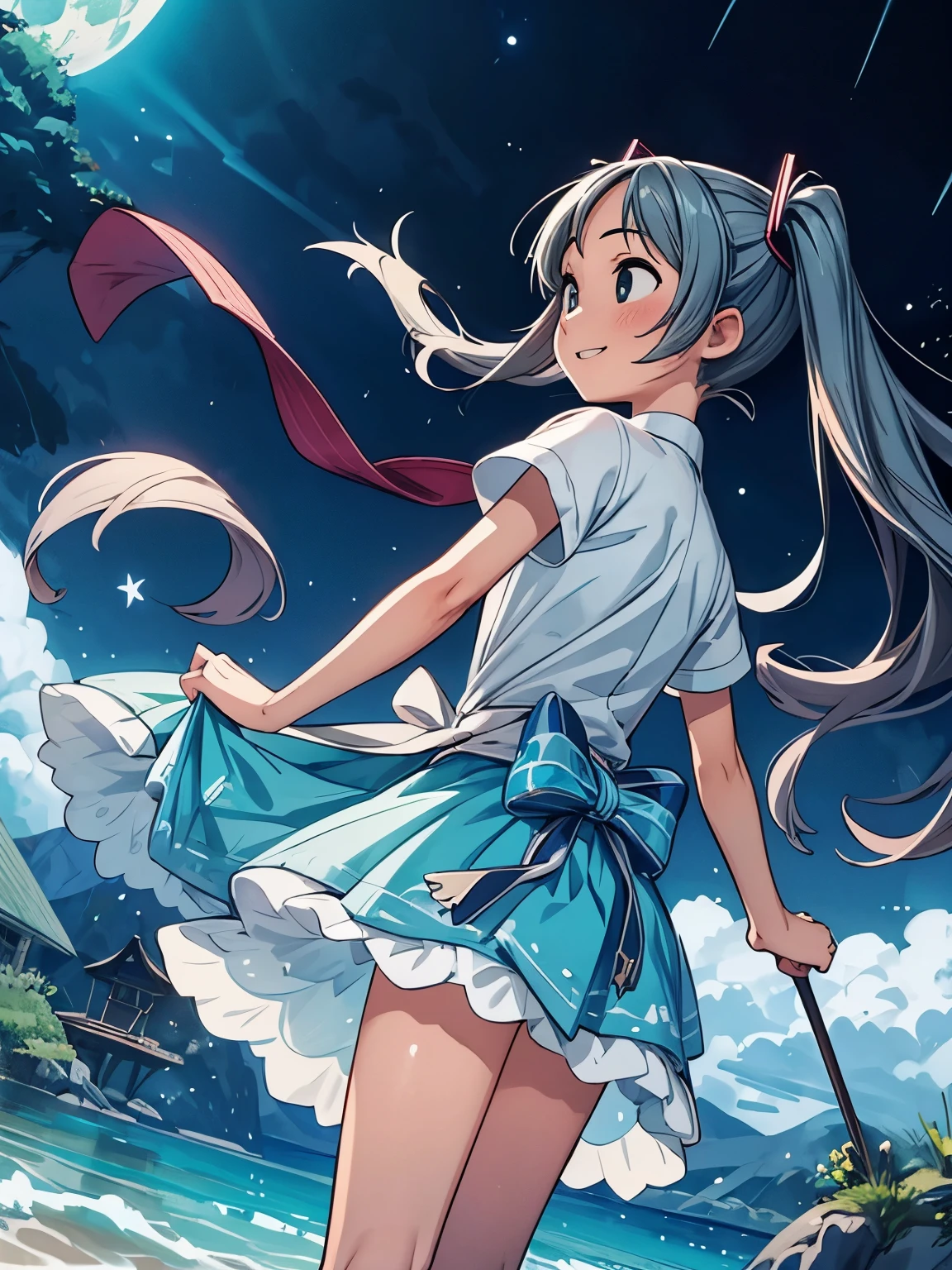 (masterpiece、highest quality、highest quality、Official Art、Beautiful and beautiful:1.2)、(One girl:1.3)Hatsune Miku、Twin tails,Big Breasts,Sea of stars, Night Sky, colorful, Mysterious, Attractive girl in a white tutu, Gray Hair, Walking on Water, Her smile was full of kindness and joy., Studio Ghibli style