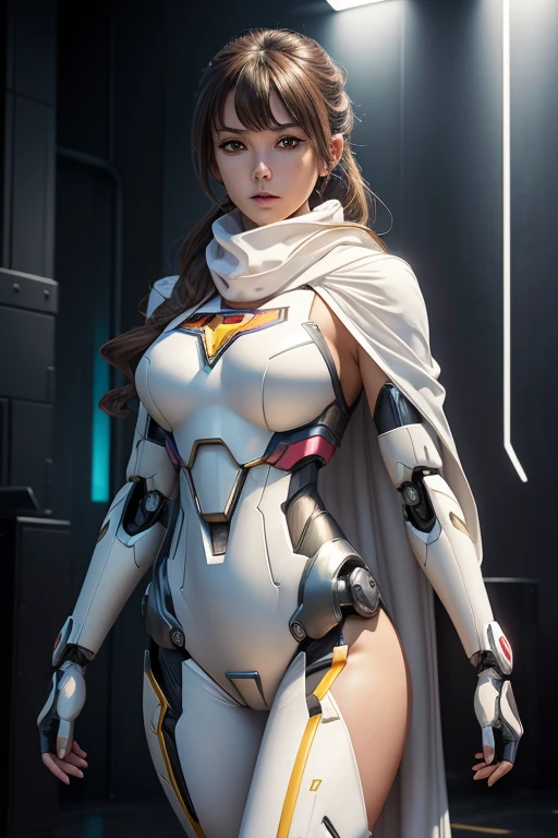 Bust ((half body)) hyperrealistic masterpiece, Superheroine girl ((in Elden Ring style)) in extremely detailed tech tight plugsuit ((with scarf & white cape)), cinematic illumination: 8k