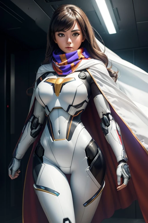 bust ((Half Body)) hyperrealistic masterpiece, Superheroine Girl ((Aesthetic style of mecha sci-fi)) Extremely sophisticated high-tech tight plug suit ((With scarf & White Cape)), Cinema Lighting: 8k