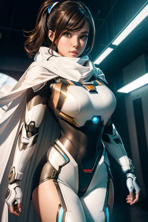 bust ((Half Body)) hyperrealistic masterpiece, Superheroine Girl ((Aesthetic style of mecha sci-fi)) Extremely sophisticated high-tech tight plug suit ((With scarf & White Cape)), Cinema Lighting: 8k