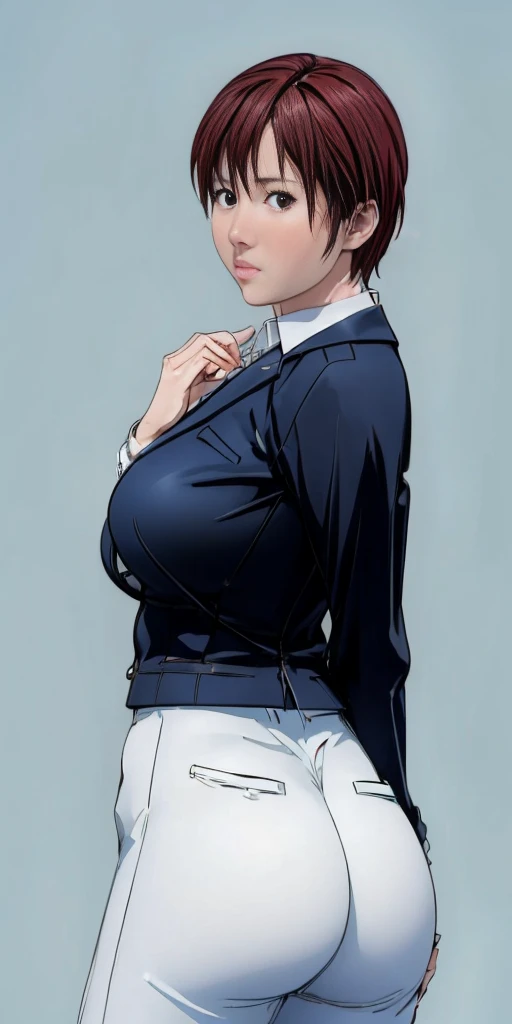 (plain background, 8k, best quality, masterpiece, realistic, photo-realistic:1.37) (Kei Kishimoto) View looking up from the ground behind, Two office ladies standing side by side in a half-squat position, Sticking out her butt)), milf, business suit