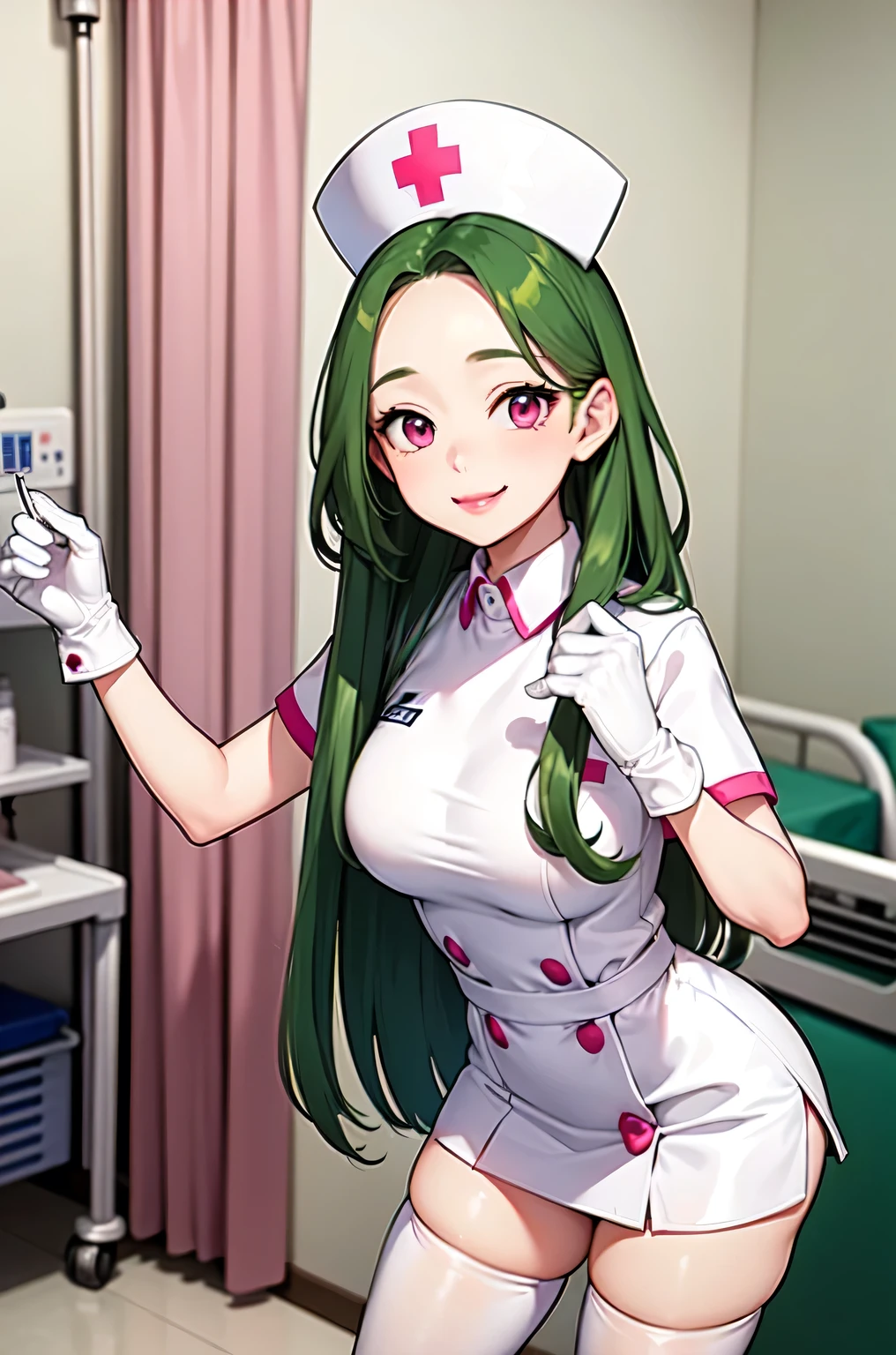 1woman, solo, nurse, white nurse cap, white nurse uniform, ((white legwear, zettai ryouiki)), white gloves, forehead, long hair, green hair, pink eyes, pink lips, smile, standing, ((hospital room)), sharp outline, short sleeves, mature female, 35 years old, best quality, masterpiece