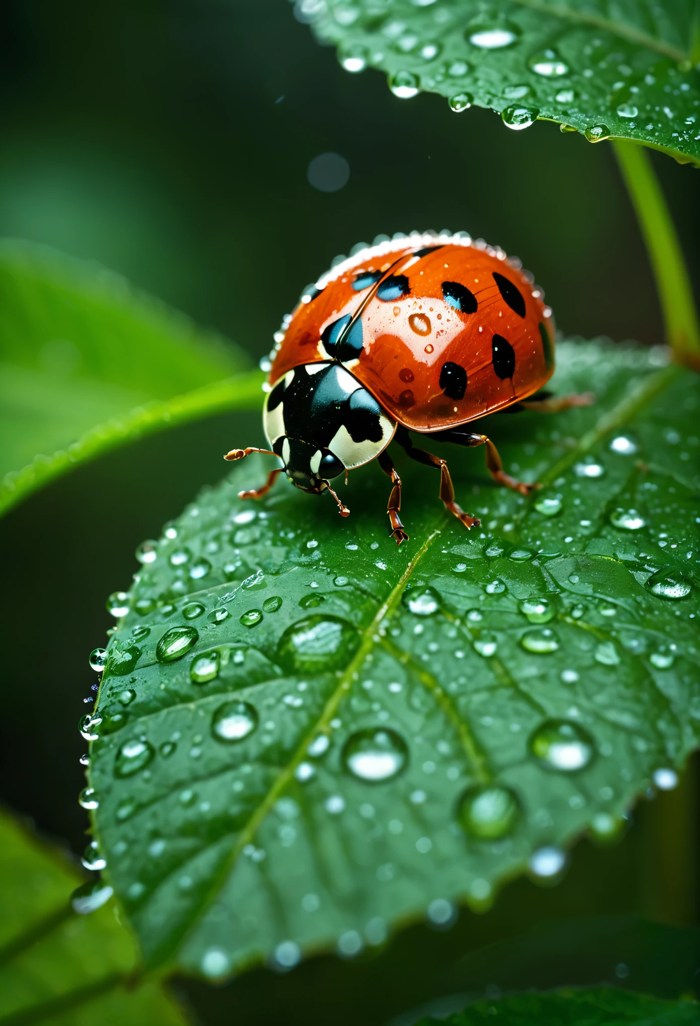 cinematic film still Macro close up of a lady bug sitting on a broad green leaf covered in big rain drops, red body with black spots, six legs, streams of water running off the leaf, green forest aesthetic, shallow depth of field, very heavy tropical rain, zoom lens,  great lighting, sss, ral-rndrps . shallow depth of field, vignette, highly detailed, high budget, bokeh, cinemascope, moody, epic, gorgeous, film grain, grainy