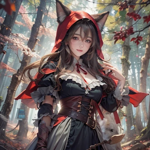 Standing in the forest、Hair flow、 ((highest quality、masterpiece、8k、Best image quality、Ultra-high resolution、Award-winning works)、(Accurate anatomy:1.1)、(Look at me and smile:1.1)、Shining fair skin with Ultra-high resolution、The most detailed face、Ultra-high resolution detailed face、Ultra-high resolutionの髪の毛、(Ultra-high resolution eye:1.1)、Beautiful face drawn in every detail、little red riding hood Costumes , Chest to chest, Strange atmosphere, A real werewolf stares at her....., Dark Light, in the forest , Gorgeous Accessories