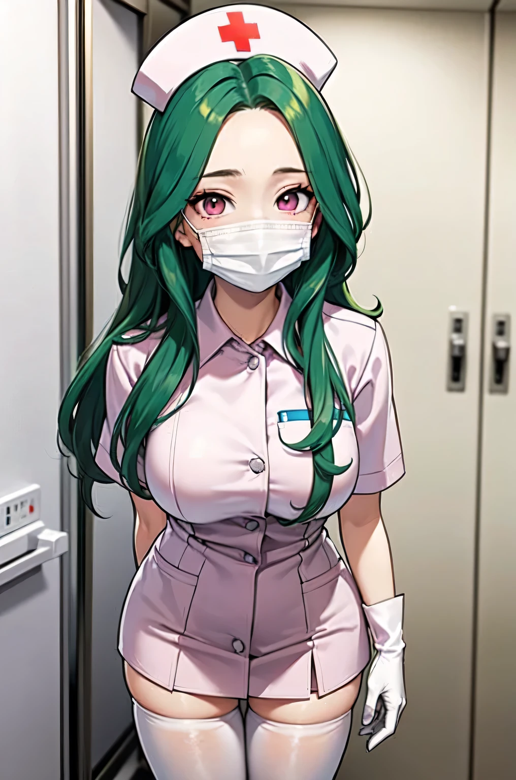 1woman, solo, nurse, white nurse cap, white nurse uniform, ((white legwear, zettai ryouiki)), white gloves, forehead, long hair, green hair, pink eyes, ((white surgical mask, covered nose)), standing, ((hospital room)), sharp outline, short sleeves, mature female, 35 years old, best quality, masterpiece