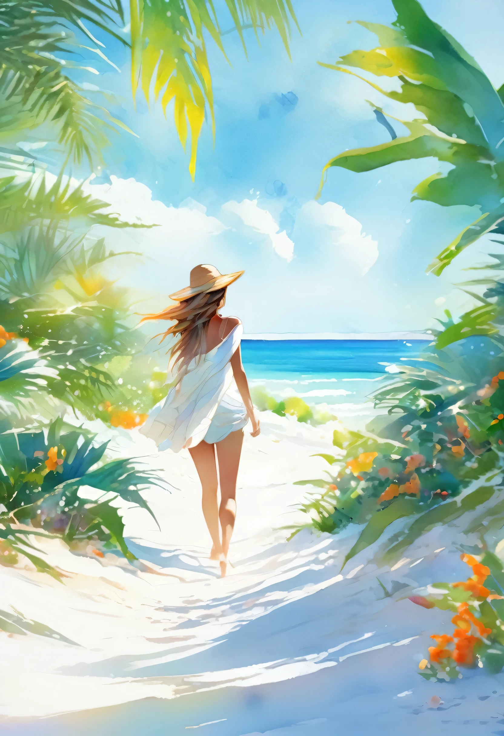 Caribbean Girl、Tropical Sea、White sand beach、It reflects the sunlight and shines brightly、Nature、Feel the harshness of nature amidst the beauty、Masterpiece、Ultra high definition、Watercolor、