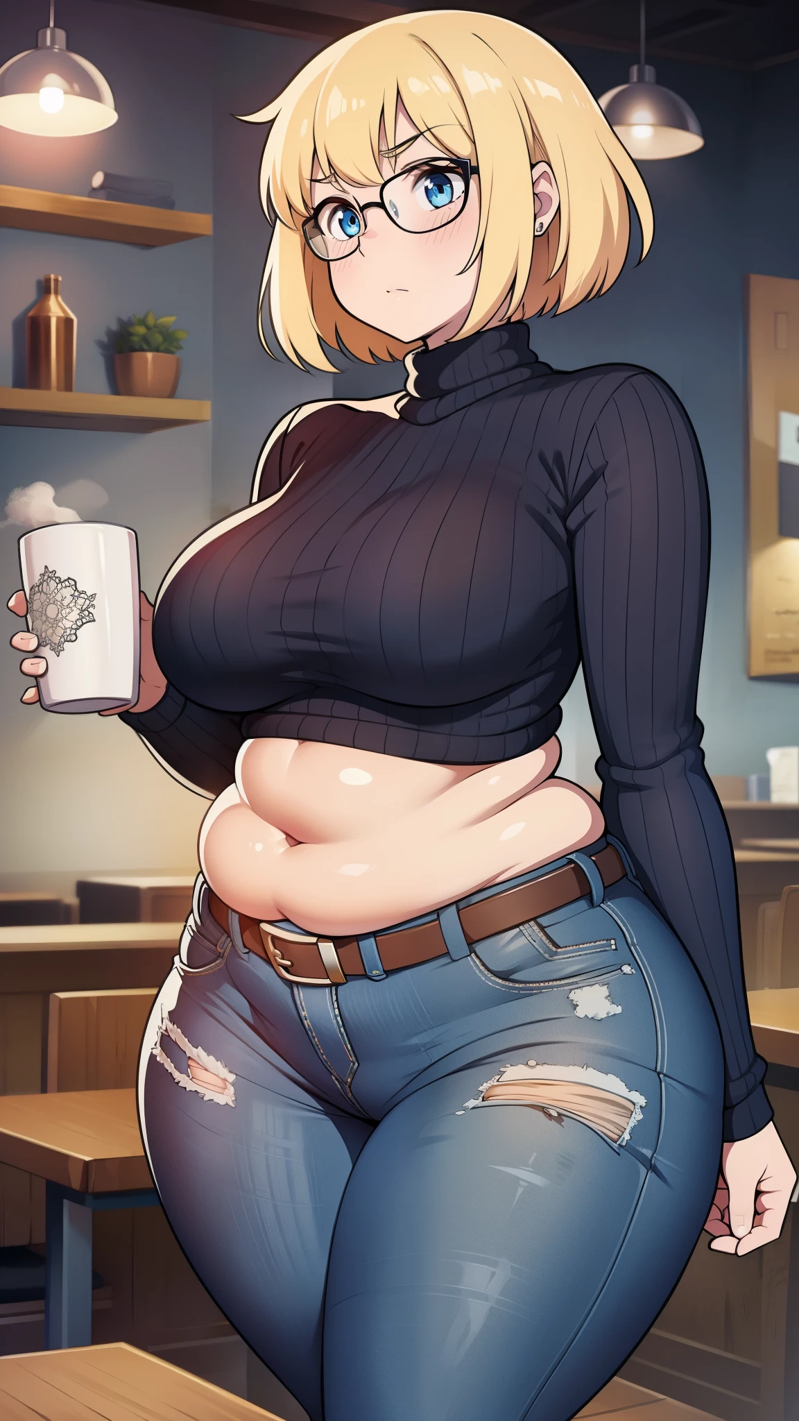 ((Masterpiece)), perfect anatomy, perfect shading, field of depth, (best quality), extremely delicate and beautiful, perfect lighting, detailed face, ultra cute face, cute, (cowboy shot 1.2), full body, (((1girl))), ((solo)), looking at viewer,

short hair, fluffy hair, blonde hair, blue eyes, Glasses, ((blush)), shy, embarrassed, (black turtleneck sweater 1.5), (jeans 1.2), belt, extremely tight clothes, large breasts, ((wide hips)), (((thick thighs))), ((plump)), belly bulge,

coffee shop, intricate background, detailed background, hand on hip, 