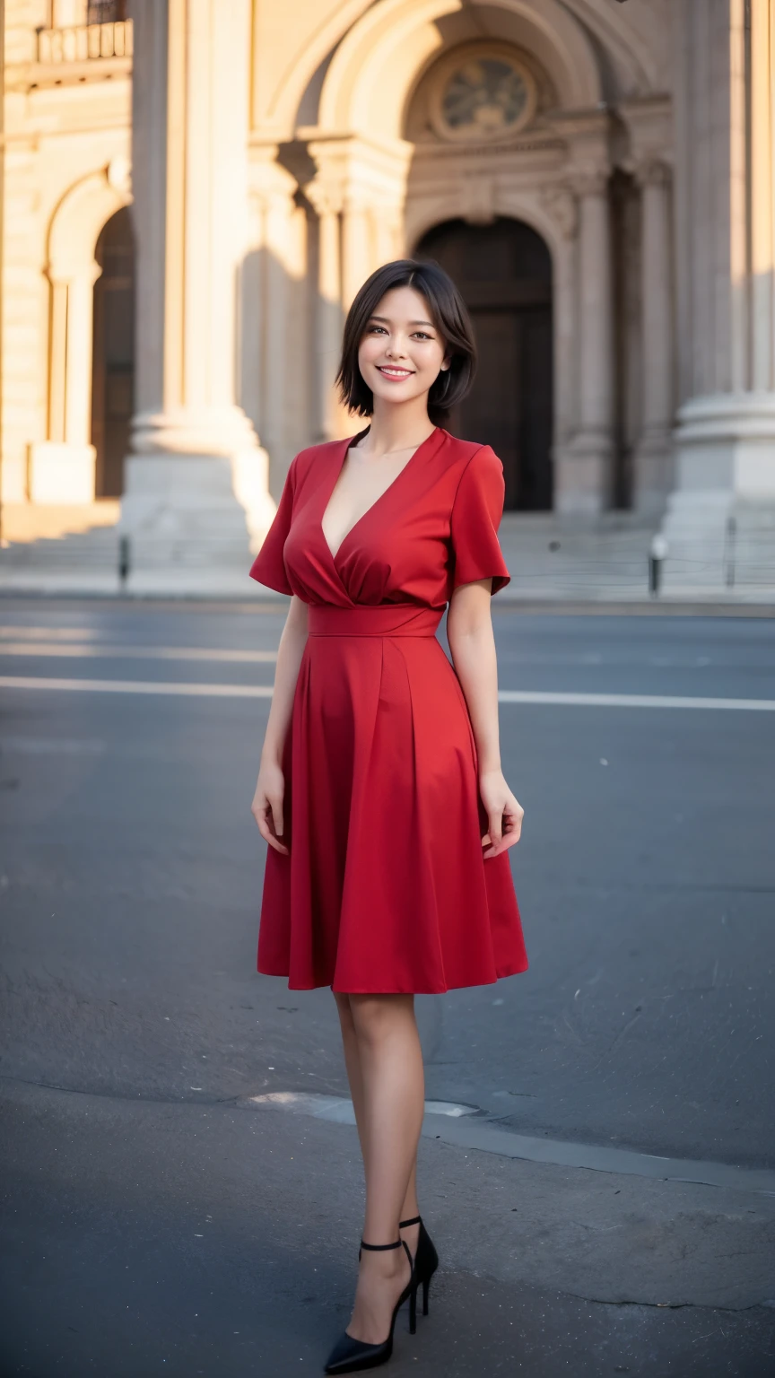 最high quality, In 8K, Masseter region, Vibrant, Sharp focus, high quality, High resolution, Detailed face, fine grain, Red lips, (Observe the audience), alone, Beautiful woman, 38 years old, (Very short black hair:1.3)、(Bob Hair)、(Standard body type)、(D cup breasts)、 Cleavage, , afternoon、(Full body photo)、(Italy、Milan、The square in front of the church:1.5),(Standing in the square:1.5)、(Red short sleeve knit dress:1.6)、(White knee-length skirt:1.6)、pantyhose、(Black pumps:1.5)、(Smiling with teeth showing:1.6)、