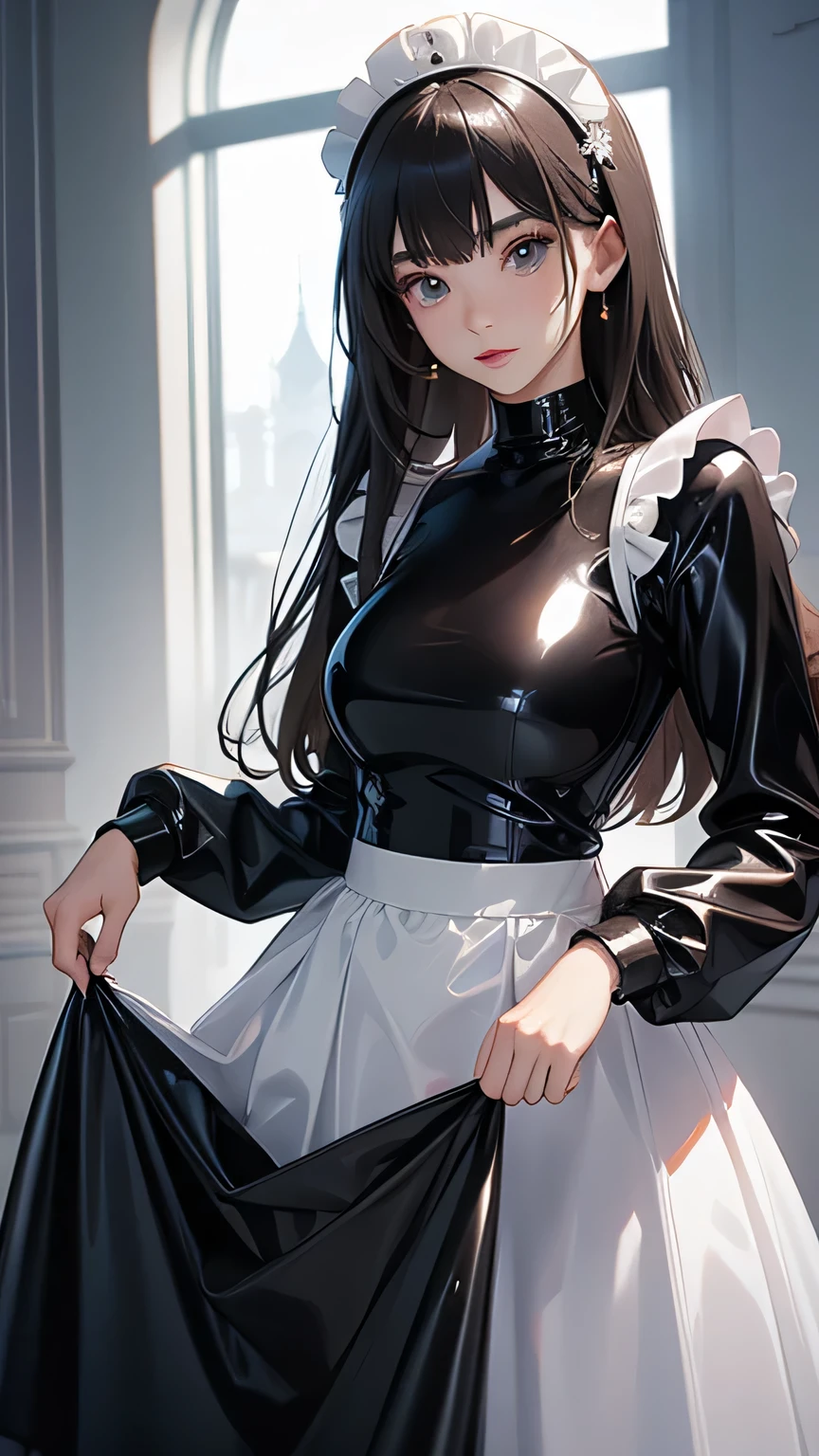 A woman wearing a latex maid outfit、Long sleeve、Tight long skirt、Latex high neck shirt