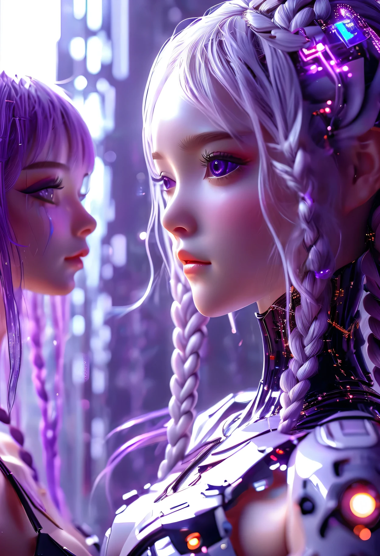 （Ultra-fine，lifelike：1.37），Dark AtmosphereDark Fantasy, Transparent hand made from circuit board, Expectations, Front view, Looks beautiful and aesthetic, An Android feeds them, soothing, The real situation, 3d rendering, Psychedelic Abstract Art：Two girls looking at the audience side by side, yinji, Purple Hair, Purple Eyes, long hair, white hair, Double braid, Gradient hair, Upper body portrait，Mythology Background，Creative composition，Attention to detail，Liquid textures and patterns，High-resolution rendering，Crystal clear，exquisite craftsmanship，Dreamy atmosphere，Sexy and charming，masterpiece：1.2。