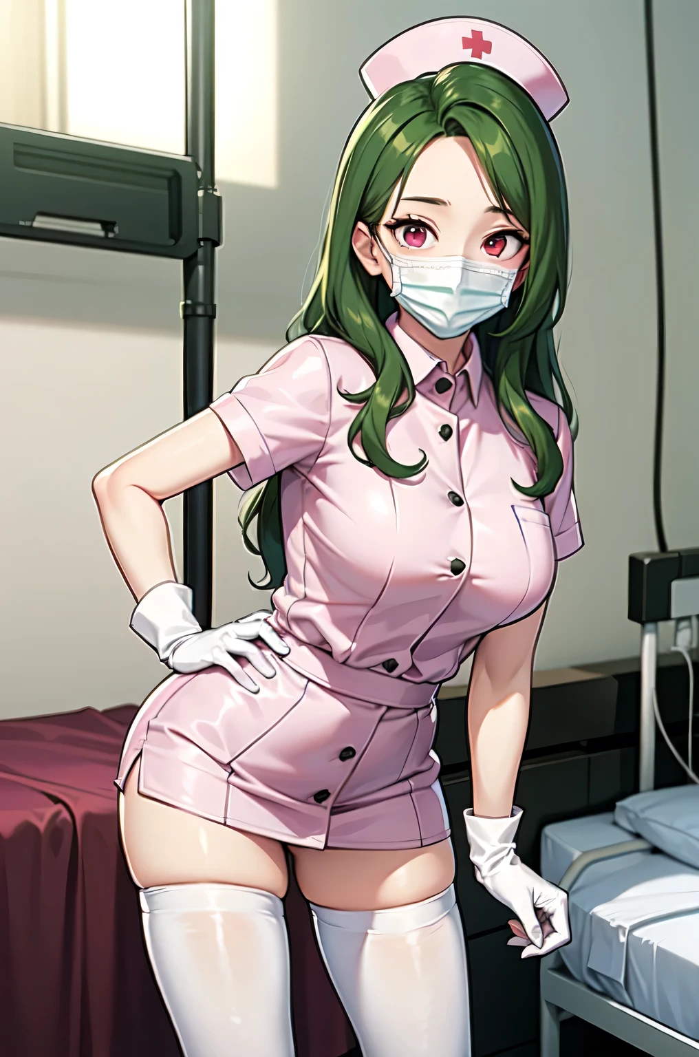 1woman, solo, nurse, white nurse cap, white nurse uniform, ((white legwear, zettai ryouiki)), white gloves, forehead, long hair, green hair, pink eyes, ((white surgical mask, covered nose)), standing, ((hospital room)), sharp outline, short sleeves, mature female, 35 years old, best quality, masterpiece