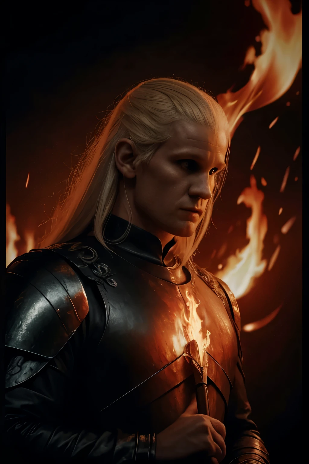 (((Cinematic heavy metal poster))) of Daemon Targaryen, Gothic style,  (a detailed RAW photo of a ), (master part:1.0), (best quality:1.4), (Ultra Highres:1.2), (photorealistic:1.4), 8K resolution, Canon EOS R5, 50 millimeters, Absurd, Ultra Detailed, sharp focus, Cinematic lighting, detailed face,  (ULZZANG-6500-V1.1), detailed skin texture, pale skin, chest round, (pale :0.5), Cinematic lighting. (((Abstract flames background)))