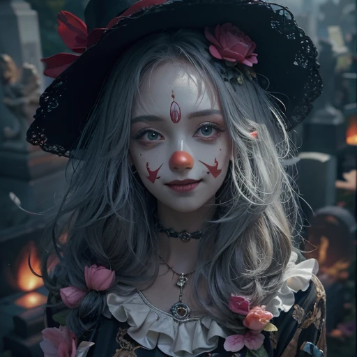 Standing in the grave、Hair flow、 ((highest quality、masterpiece、8k、Best image quality、Ultra-high resolution、Award-winning works)、(Accurate anatomy:1.1)、(Look at me and smile:1.1)、Shining fair skin with Ultra-high resolution、The most detailed face、Ultra-high resolution detailed face、Ultra-high resolutionの髪の毛、(Ultra-high resolution eye:1.1)、Beautiful face drawn in every detail、Cheerful clown costume, Chest to chest, Strange atmosphere, Ghosts flow, Dark Light, At the cemetery, Heavy makeup