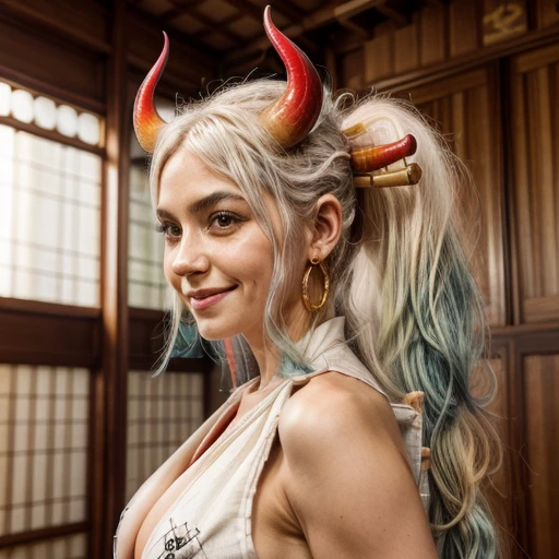 best quality, masterpiece, 4k, absurd res, UHD, ultra-detailed, detailed eyes, detailed skin, detailed hair, detailed face, detailed fabric, detailed texture, (ung beautiful girl, solo:1.1), Yamato (one piece), (multicolored hair, long hair, white hair, aqua hair, two-tone hair, high ponytail, hair stick, hair ornament), (natural mid breasts:1.2), (sideboob:1.2), (Japanese clothes with shimenawa, rope, sleeveless kimono, bare arms, kimono, sleeveless, bare shoulders, hakama), (curled horns, red horns, multicolored horns, (cow horn texture:1.2)), (happy smile:1.2), earrings, jewelry, (big eyes, brown eyes), collarbone, cowboy shot, v-shaped eyebrows, ((hourglass shape)), sexy pose, ((NSFW))