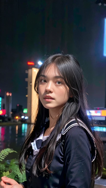 best quality, ultra high res, (photorealistic:1.4), 1girl, the girl wearing black sailor uniform, long hair, night, city scape background, city light, cinematic lighting, 80s filter, zoom to face, detailed face , looking at viewer, front view