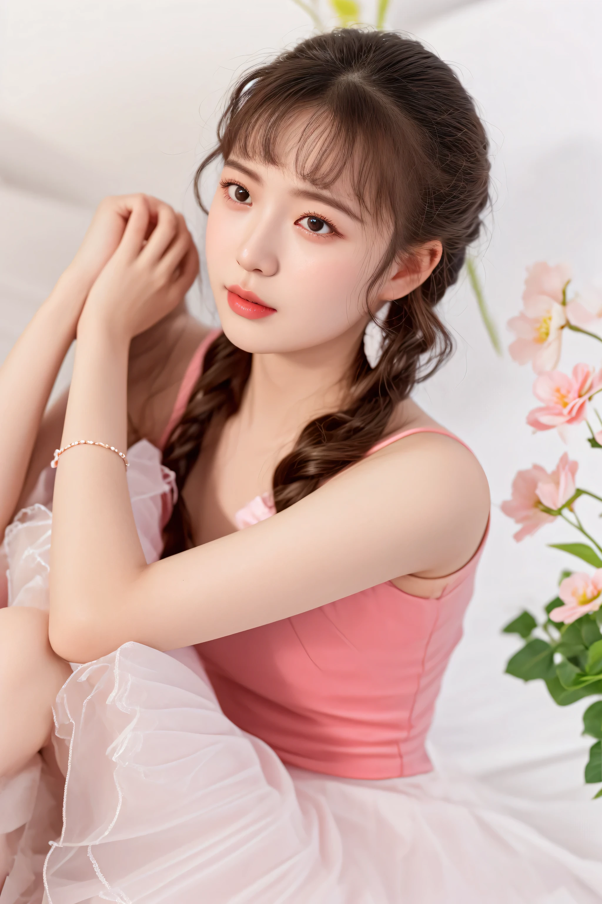 there is a woman sitting on a bed with a pink dress, captured on canon eos r 6, soft portrait shot 8 k, sakimichan, trending at cgstation, sakimi chan, cute elegant pose, Ghost Festival, close - up studio photo, taken with canon eos 5 d mark iv, young cute wan asian face