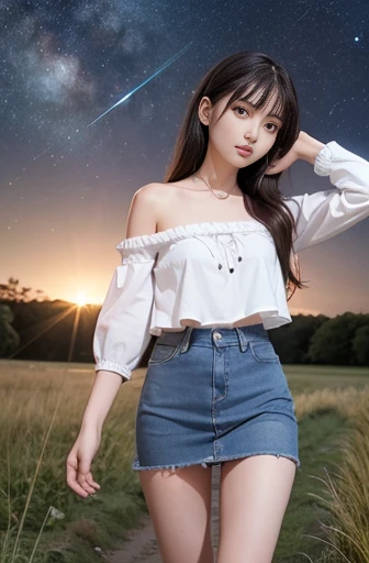 a lot of details, (slender waist), 30 years old, detailed black hair, beautiful detailed hair, super fucking beautiful, complex details beautiful and delicate eyes, perfect hands, (small breasts best quality), perfect and delicate limbs, detailed skin, best quality, ultra-detailed,
grassland, forest, happy, cheerful grin, walking, hands on head, long hair, (white off shoulder), (denim mini skirt), in the grassland, surrounded by stars and a meteor shower, at midnight, full body shot, from front, ground-level shot, impressive panoramas, moonlight, wide-angle lens, long exposure