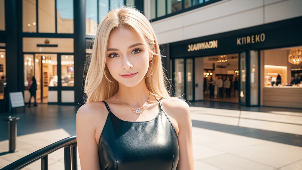 (best quality, 4k ,8k, highres, masterpiece:1.2), ultra-detailed, (realistic, photorealistic, photo-realistic:1.37), closeup, beautiful Swedish woman, beautiful smile, long lashes, defined eyebrows, platinum blonde hair, fair skin, slender figure, elegant posture, wearing large sparkling colorful jewelery, wearing a business style black leather dress, standing in a large shopping mall, gentle sunlight shining through the shopping mall windows, casting a soft glow on her face, adding warmth to the scene, vibrant colors, capturing the essence of vibrant city life, portrait style, showcasing her natural beauty and grace in a feminine way.