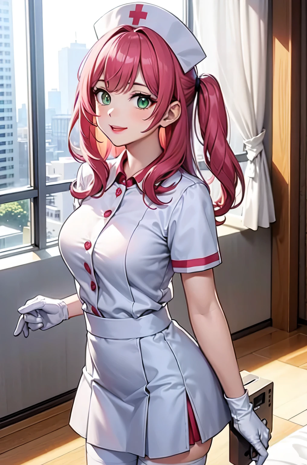 1woman, solo, nurse, white nurse cap, white nurse uniform, ((white legwear, zettai ryouiki)), white gloves, pink hair, green eyes, drooping eyes, pink lips, smile, standing, ((hospital room)), sharp outline, short sleeves, mature female, 32 years old, best quality, masterpiece