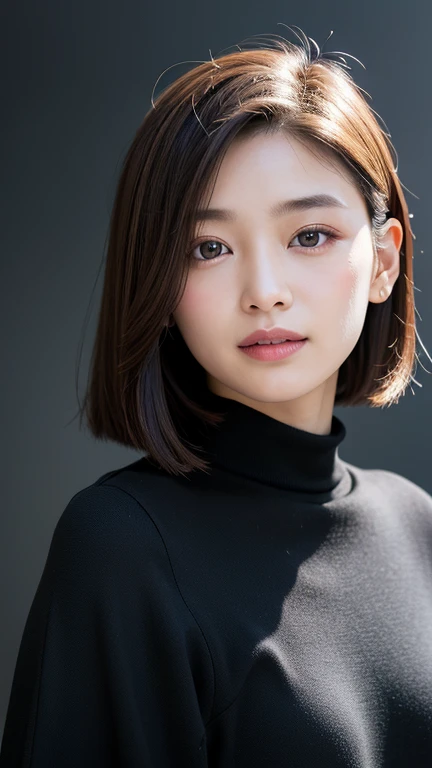 (((Close-up of face)))、(((Absolutely shoulder-length brown straight short bob)))、(((She is posing like a hair salon model, with a black wall indoors as the background.)))、(((Casual black winter long sleeves with shoulders covered)))、Half Japanese, half Korean、18 year old girl、Standing Alone、Looking forward、Light eye makeup、Brown Hair Color、Flat and 、Hair blowing in the wind、Actress Quality、Glossy, ultra-realistic face、Smiling face、Watery eyes、Gazing Up、Subtle lighting effects、 Ultra-Realistic Capture、Very detailed、High resolution 16K close up of human skin。Skin texture must be natural、The details must be such that pores can be clearly seen、The skin is healthy、Uniform tone、Use natural light and colors、A worn-out, high-quality photo taken by a model agency&#39;s in-house photographer.、smile、(((SIGMA 300 mm F/1.4,1/1000 sec shutter,ISO 400))) 