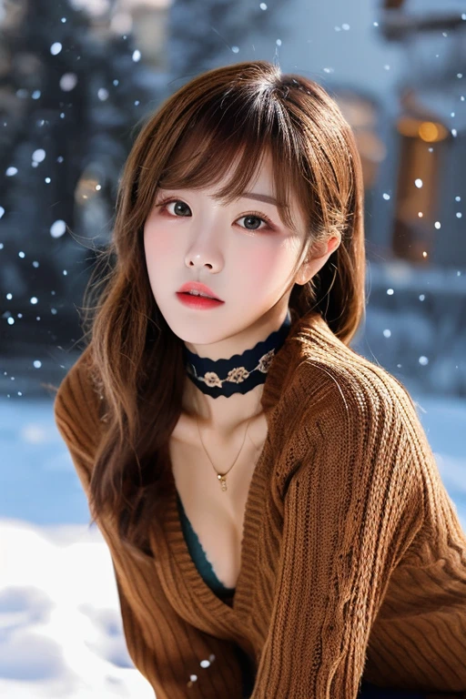 (Best quality details:1.2),realistic,8K UHD,High definition,(1girl:1.2),Ultra Detailed,High quality texture,intricate details,detailed texture,finely detailed,high detail,extremely detailed cg,High quality shadow,Detailed beautiful delicate face,Detailed beautiful delicate eyes,Depth of field,Ray tracing,20's,Pretty Kpop girl,(korean ulzzang face:1.1),slender face,(ulzzang-6500-v1.1:0.6),PureErosFace_V1,,Glow Eyes,blush,glossy lips,perfect body, (choker,cleavage,sweater, pantyhose:1.1), (brown hair, ponytail:1.1), winter_street, snow_particle, christmas,1boy, ?????, squatting cowgirl position, vaginal, pov,
, looking at viewer