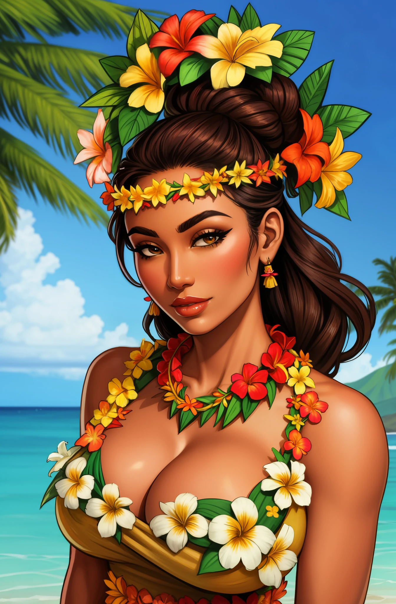 Hawaiian woman wearing a garland of flowers, girl wearing a lei