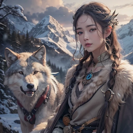 Lakeside surrounded by snowy mountains、Hair flow、 ((highest quality、masterpiece、8k、Best image quality、Ultra-high resolution、Award-winning works)、(Accurate anatomy:1.1)、(Look at me and smile:1.1)、Shining fair skin with Ultra-high resolution、The most detailed face、Ultra-high resolution detailed face、Ultra-high resolutionの髪の毛、(Ultra-high resolutionの煌めく瞳:1.1)、Beautiful face drawn in every detail、Ancient Viking clothing, Chest to chest, tattoo, A real wolf is by your side