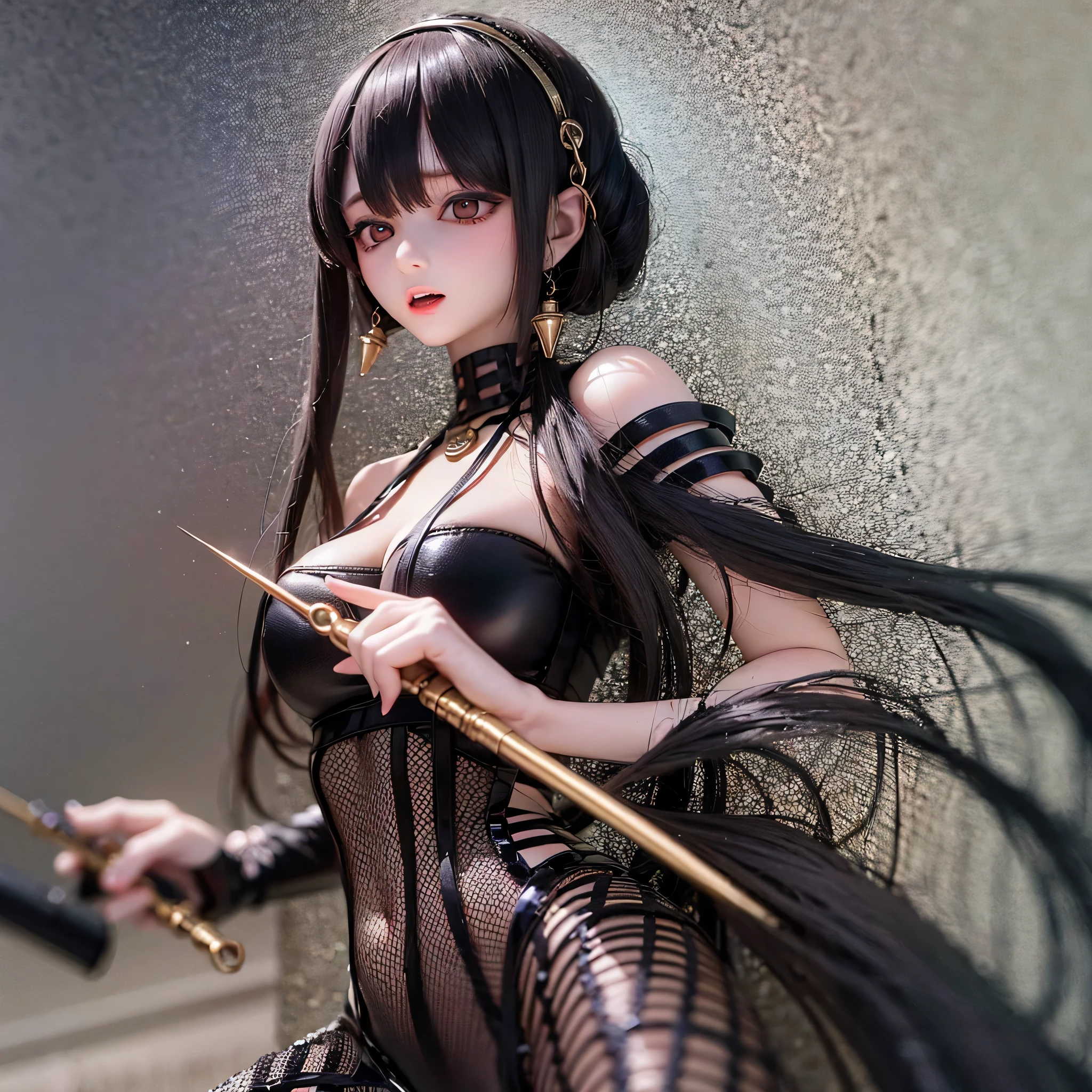 (highest quality,4K,High resolution,masterpiece:1.2),Very detailed,Realistic,Long black hair,Beautiful details,Beautiful lip detail,Wielding a weapon,long flowing hair,Serious expression,Dark atmosphere,Sharp focus,Detailed Weapons,Studio Lighting,Vibrant colors,Physically based rendering of a long black dress