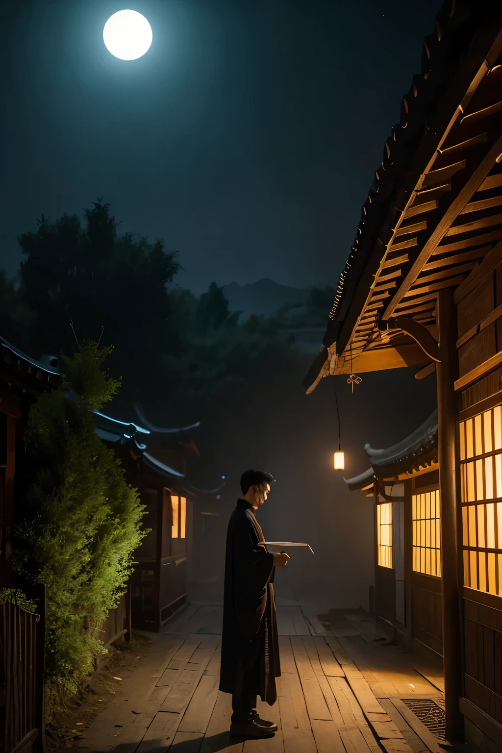 Pixar style，No text，2000, Modern China，Paranormal painting style，Nostalgic dark night in Hebao village, secluded spirit shop beams dim yellow, a solitary male engrossed in the mystical craft, faint sadness and unease permeate the atmosphere
