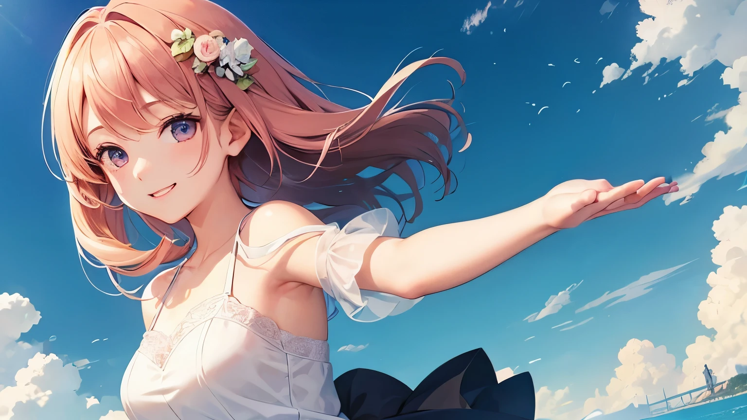 A girl reaching out to hold hands、１５age、smile、Anime Style、masterpiece, highest quality, Super detailed, Beautiful illustrations、Hands in detail、Fingers５Book