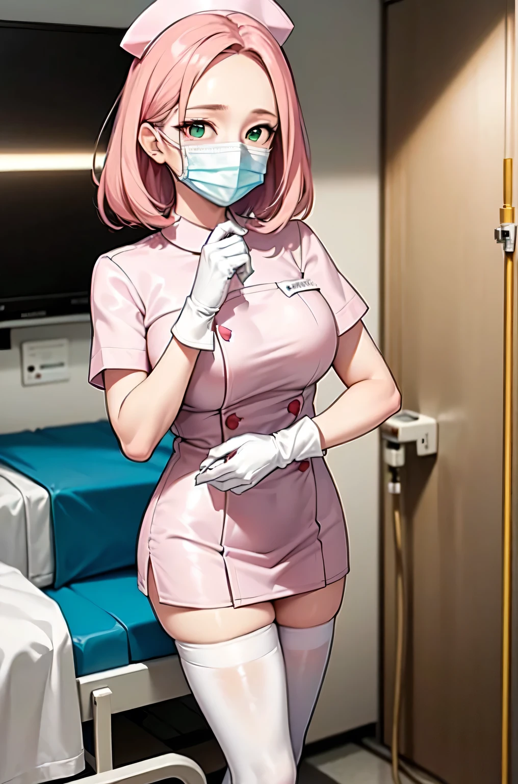 1woman, solo, nurse, white nurse cap, white nurse uniform, ((white legwear, zettai ryouiki)), white gloves, pink hair, green eyes, drooping eyes, ((white surgical mask, covered nose)), standing, ((hospital room)), sharp outline, short sleeves, mature female, 32 years old, best quality, masterpiece