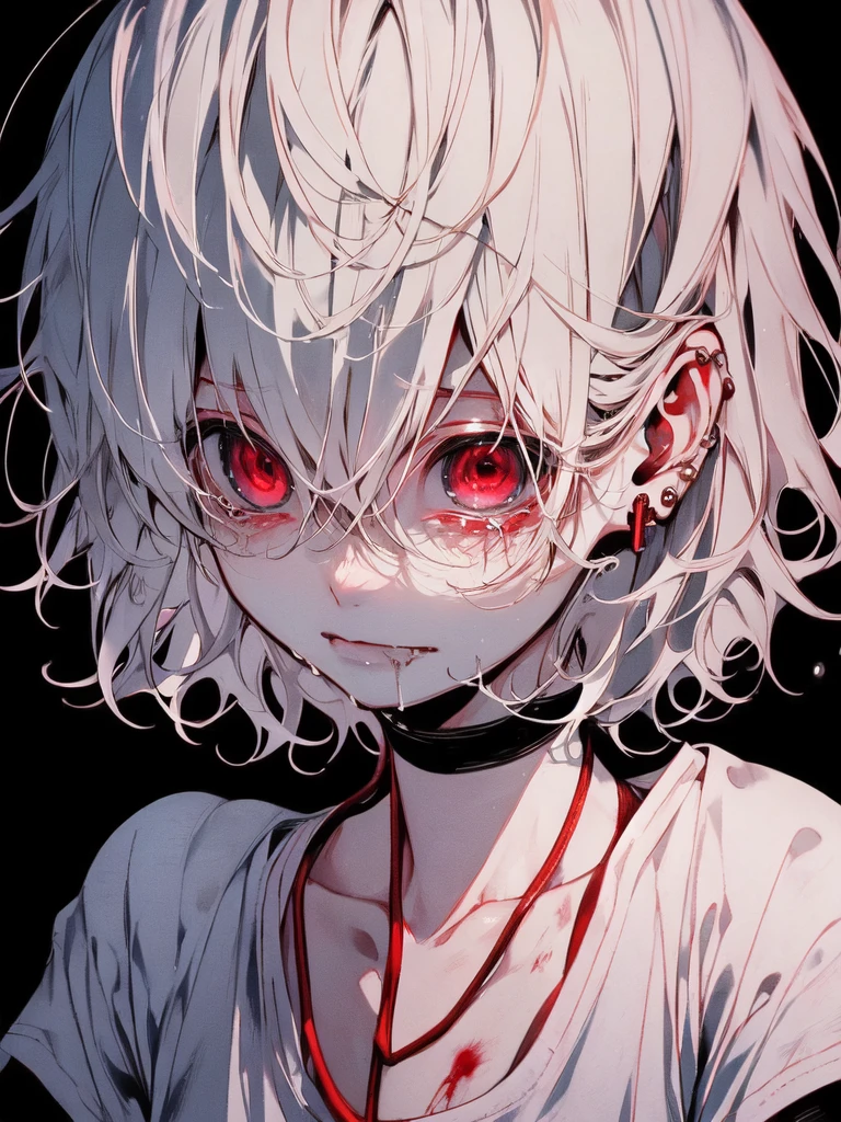 komaeda_nagito,1boy,short hair alone,crying,wearing men's white T-shirt,extremely detailed,teary eyes,soaked lashes,emotional expression,intense sadness,dripping tears,rosy cheeks,crazy eyes,crazy smile,mental illness,true-to-life textures,highly refined details,perfect anatomical structure,vibrant hues,artistic composition,breathtaking realism,masterful craftsmanship,highly emotional scene,silent sorrow,in a mental asylum, dim lighting,red blood,blood splatter, horror, creepy,moisture in the air, stark contrast,moody ambiance,precise contours,striking emotion,touching portrayal,painstaking attention to detail,aesthetically pleasing,heart-wrenching,deeply moving artistry