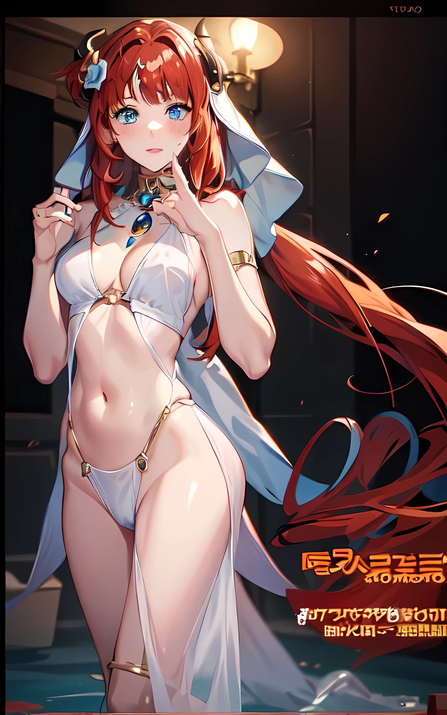 nilou, red hair, long hair, blue eyes, gown, skirt, slim legs, navel, happy, cleavage, bend over, pool,Natural color lip,