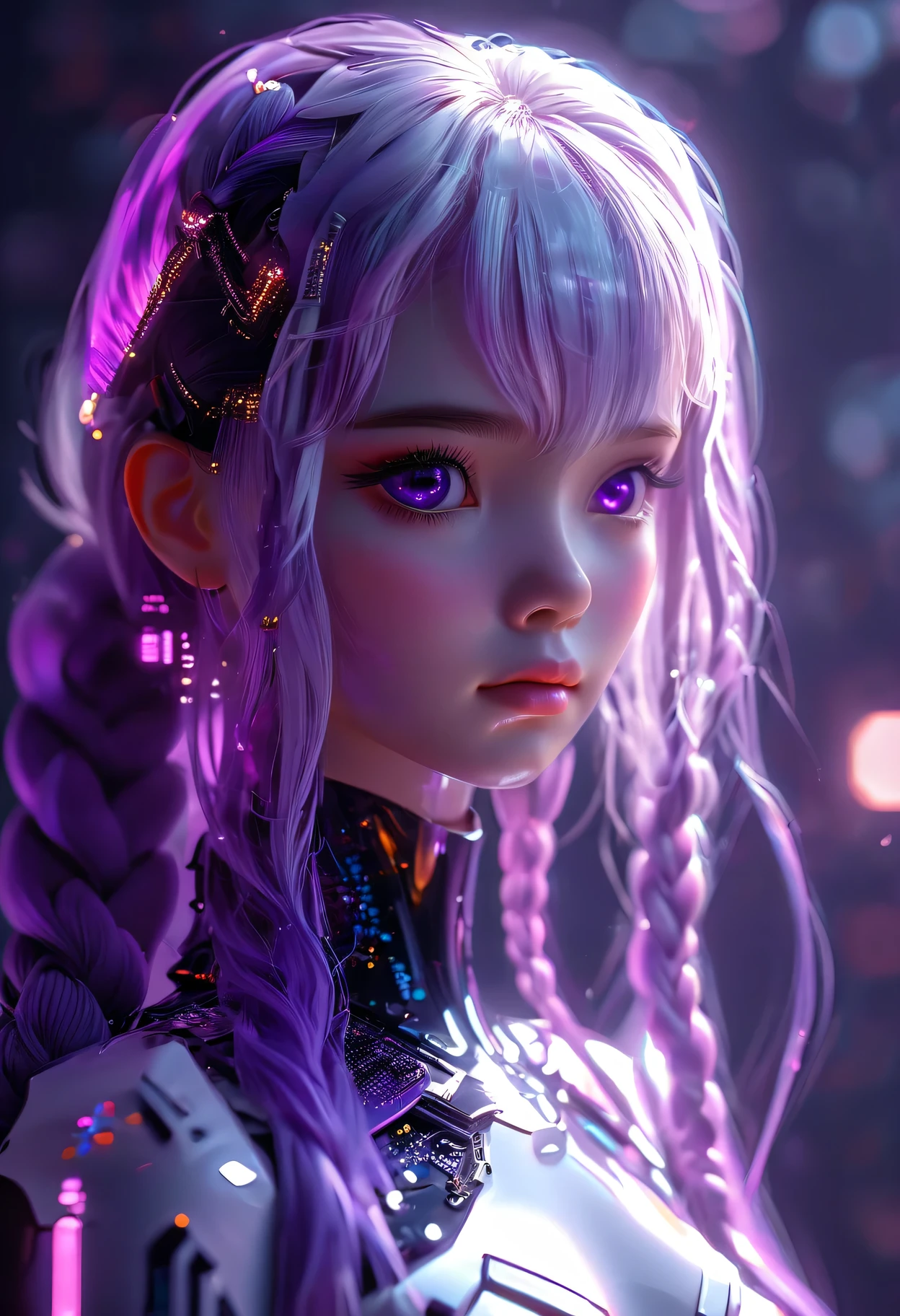 （Ultra-fine，lifelike：1.37），Dark AtmosphereDark Fantasy, Transparent hand made from circuit board, Expectations, Front view, Looks beautiful and aesthetic, An Android feeds them, soothing, The real situation, 3d rendering, Psychedelic Abstract Art：Two girls looking at the audience side by side, yinji, Purple Hair, Purple Eyes, long hair, white hair, Double braid, Gradient hair, Upper body portrait，Mythology Background，Creative composition，Attention to detail，Liquid textures and patterns，High-resolution rendering，Crystal clear，exquisite craftsmanship，Dreamy atmosphere，Sexy and charming，masterpiece：1.2。