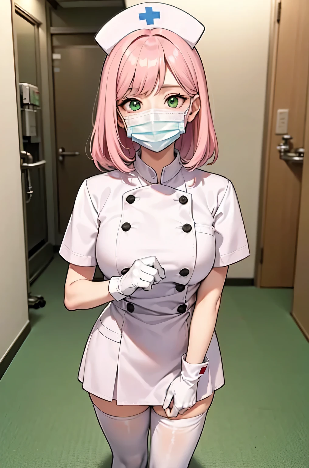 1woman, solo, nurse, white nurse cap, white nurse uniform, ((white legwear, zettai ryouiki)), white gloves, pink hair, green eyes, drooping eyes, ((white surgical mask, covered nose)), standing, ((hospital room)), sharp outline, short sleeves, mature female, 32 years old, best quality, masterpiece