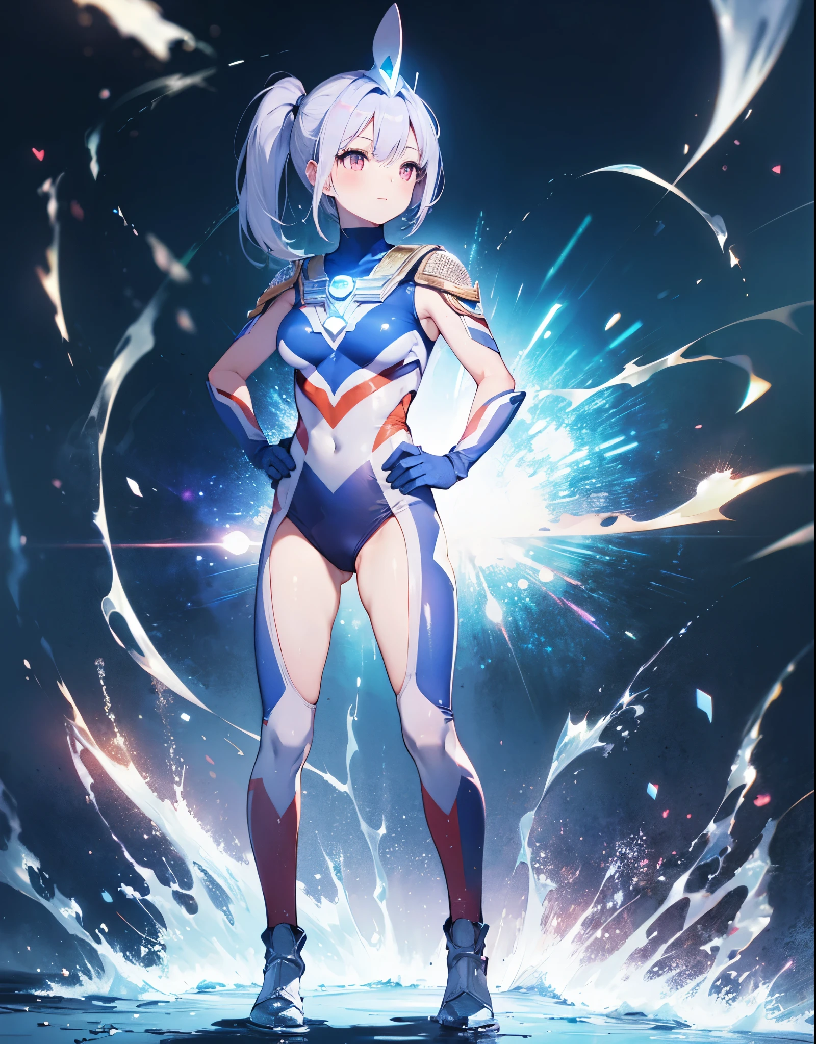 (Close-up:1.3),Realistic,highest quality, Ultra Detail, High-quality CG rendering, The most delicate and beautiful, Floating softly, High resolution, (1 girl), (Highest quality,4K,8K,masterpiece:1.2) ,Light purple hair,Rabbit,Bunny ears,ponytail,Red eyes,(Ultra Girl:1.0),(Bright blue Ultraman bodysuit:1.4),(Blue gloves:1.3),(Blue shoes:1.3),(whole body:1.3), (Clenched Fist:1.2),(Place your hands on your hips:1.2)