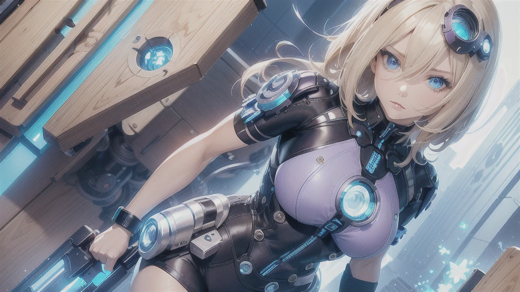 One-sided layered bob, (Blonde Hair: 1.3), ((clear blue eyes (purple)), ((beautiful, Fine grain, Jewel-like eyes, Bright Blue Eyes: 1.3)) , The female body incorporates mechanical parts such as gears with a Super Nan S on her chest., Wires and circuits blend with the natural female shape to create a visually appealing, futuristic aesthetic.。.  Machine elements emphasize precision and functionality, Gear that works together and in harmony with the female physique.  Women&#39;s faces can be enhanced with cyber technology, Glowing eyes etc., Neurological implants, Metallic facial features symbolizing the fusion of man and machine.  This work of art embodies both feminine strength and the grace of the human spirit.。.  Lighting and shadows play an important role, Enhance the contrast between organic and mechanical elements、Add depth to your composition.  Emphasizing the mechanical nature of the artwork.  Background details include futuristic cityscapes, Industrial Landscape, Or go for abstract patterns for a more futuristic feel..  whole, This piece captures the essence of women embracing the integration of machines.。, Celebrating the possibilities and complexity of a future where humans and technology coexist, He has the Superman S logo on his chest..