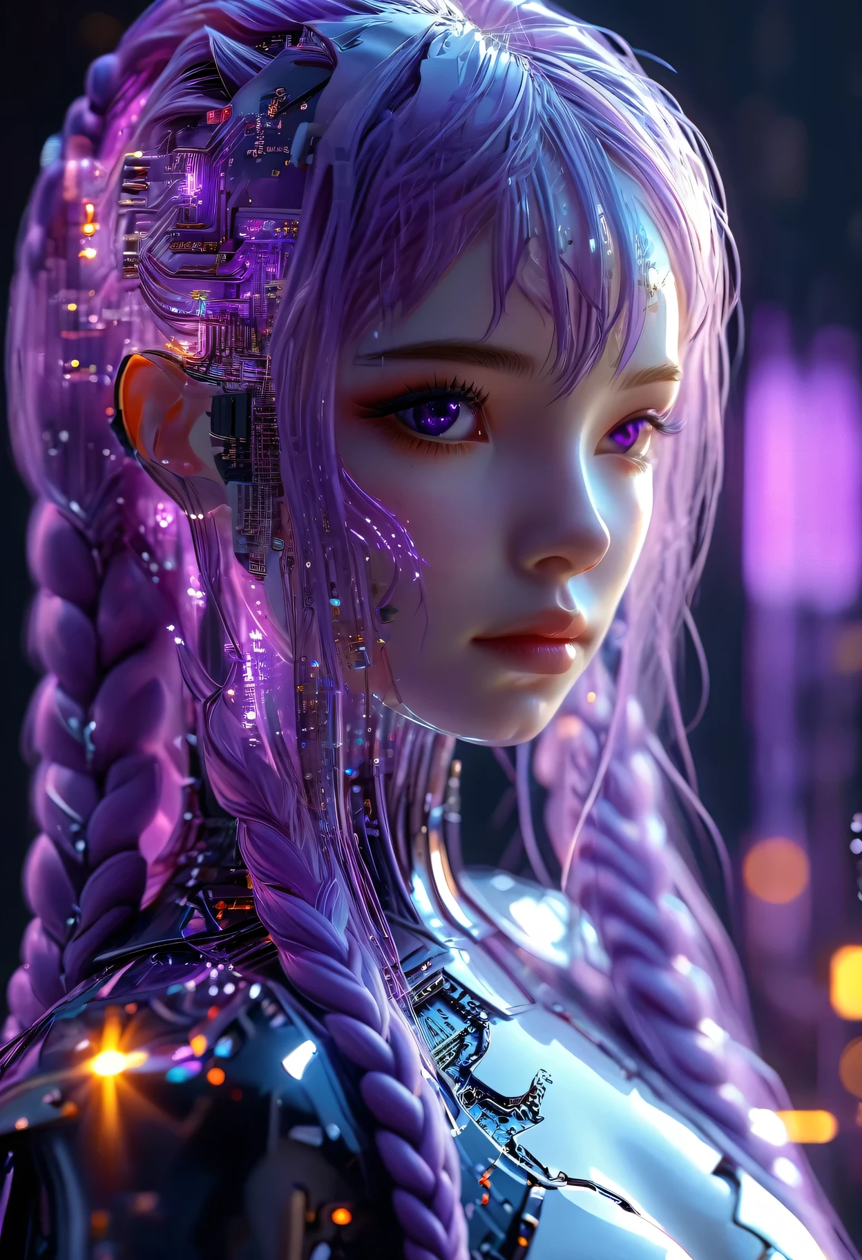 （Ultra-fine，lifelike：1.37），Dark AtmosphereDark Fantasy, Transparent hand made from circuit board, Expectations, Front view, Looks beautiful and aesthetic, An Android feeds them, soothing, 2 girls made of flowing liquid, yinji, purple hair, purple eyes, long hair, white hair, double braids, gradient hair, elegant, graceful, serene, mysterious, glowing skin, ethereal, atmospheric, (best quality,4k,8k,highres,masterpiece:1.2),ultra-detailed,(realistic,photorealistic,photo-realistic:1.37),HDR,studio lighting,extreme detail description,vibrant colors,dramatic lighting,cinematic