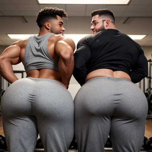 Two male college football players, muscular, jocks, at the gym, athletic, shirtless, dark brown hair, wearing grey sweatpants, big butt, huge ass, curvy men, comically massive ass, bubblebutt, thick, thicc, thick ass, thick legs, thick thighs, huge butt cheeks, ass huge, showing butt to camera, smiling, looking back at camera, big booty, boy booty, men with huge butts, men in grey sweatpants, showing off ass, absolutely massive butt, enormous ass cheeks in grey sweatpants, full ass, round ass, juicy ass, expansive ass, tight sweatpants, filled sweatpants, perky fat butt cheeks, gay for each other, gay, homosexual