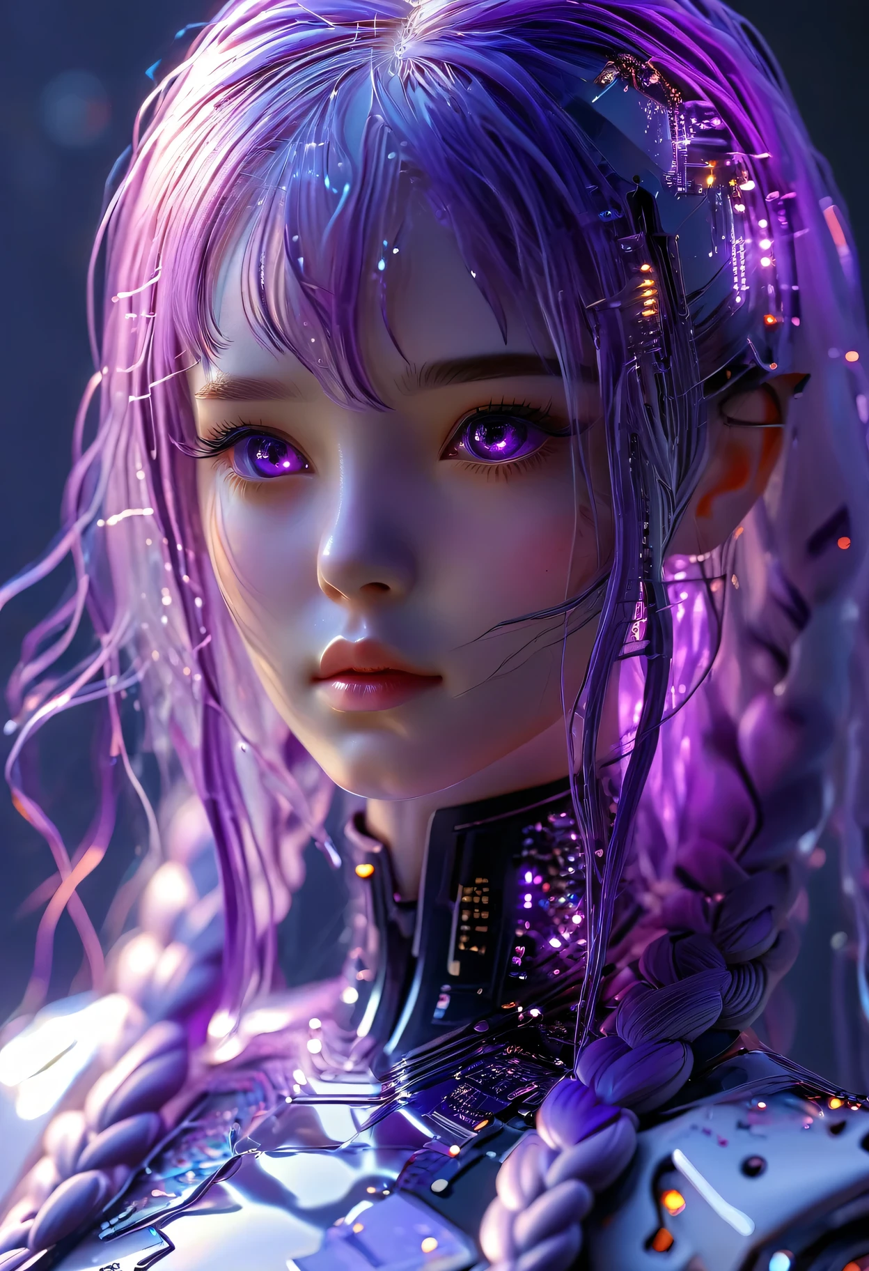 （Ultra-fine，lifelike：1.37），Dark AtmosphereDark Fantasy, Transparent hand made from circuit board, Expectations, Front view, Looks beautiful and aesthetic, An Android feeds them, soothing, 2 girls made of flowing liquid, yinji, purple hair, purple eyes, long hair, white hair, double braids, gradient hair, elegant, graceful, serene, mysterious, glowing skin, ethereal, atmospheric, (best quality,4k,8k,highres,masterpiece:1.2),ultra-detailed,(realistic,photorealistic,photo-realistic:1.37),HDR,studio lighting,extreme detail description,vibrant colors,dramatic lighting,cinematic