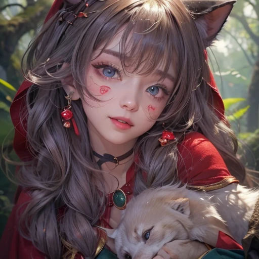 Standing in the forest、Hair flow、 ((highest quality、masterpiece、8k、Best image quality、Ultra-high resolution、Award-winning works)、(Accurate anatomy:1.1)、(Look at me and smile:1.1)、Shining fair skin with Ultra-high resolution、The most detailed face、Ultra-high resolution detailed face、Ultra-high resolutionの髪の毛、(Ultra-high resolution eye:1.1)、Beautiful face drawn in every detail、little red riding hood　Costume , Chest to chest,  Strange atmosphere, A real werewolf stares at her...., Dark Light, in the forest , Heavy makeup 