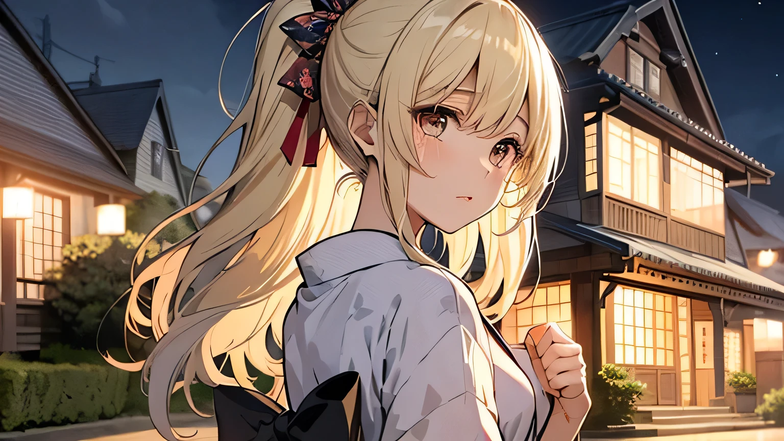 ((highest quality)), ((masterpiece)), (detailed), Perfect Face、Night Test of Courage、An empty haunted house、Crying face、blonde、Straight Hair、ponytail、White yukata with floral pattern、look back、